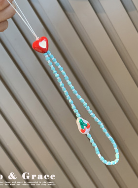 小众设计珠饰爱心手机挂绳蓝色便携手机链挂件高端串珠链条防丢绳