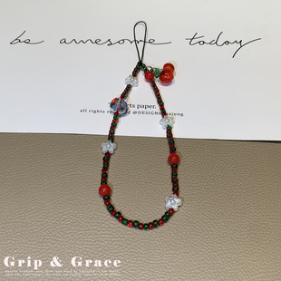 网红串珠同款 饰便携手机链挂件小众高颜值 珠饰手机挂绳撞色花朵装