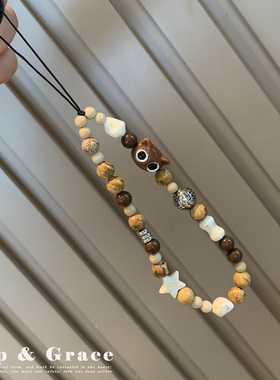 可爱小熊串珠手机链女ins风相机挂绳手机挂件网红珠饰挂绳百搭