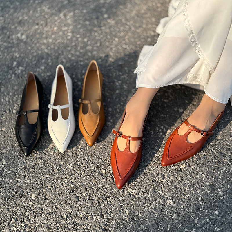 韩版时尚真皮尖头女鞋丁字带羊皮鞋面通勤OL气质优雅舒适软底单鞋