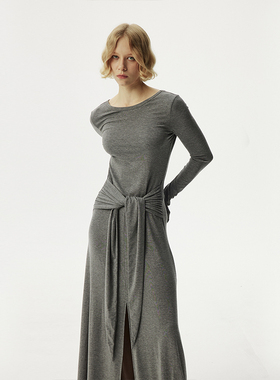 SNU 天丝混纺扭结绑带连衣裙女设计感后背镂空高级感收腰针织长裙