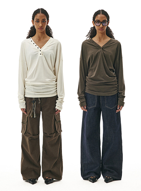 SHALL NOT UNTRUE兰精天丝V领长袖T恤女内搭堆叠感收腰打底衫上衣