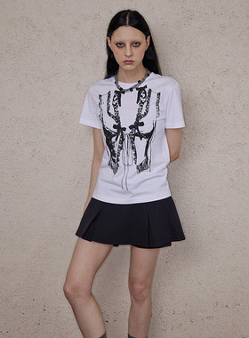 SNU 原创设计蝴蝶结印花T恤女夏季纯棉体恤宽松显瘦正肩短袖上衣