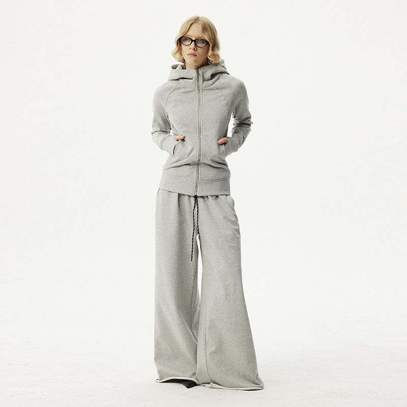 SNU 原创休闲时尚卫衣套装女薄绒拉链连帽外套/卷边阔腿裤两件套