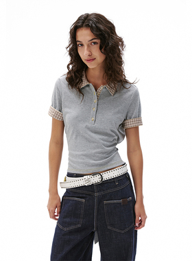 SHALL NOT UNTRUE 复古撞色拼接polo衫t恤女短袖短款绑带收腰上衣