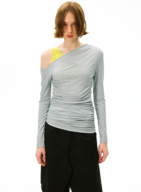 SHALL NOT UNTRUE 假两件天丝斜肩上衣女撞色露肩长袖打底衫T恤