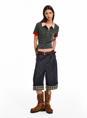 SNU【孟美岐同款】原牛牛仔短裤女阔腿水洗复古格子翻边七分中裤