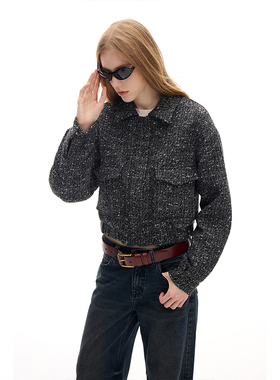 SHALL NOT UNTRUE 羊毛混纺粗花呢外套女肌理感翻领复古夹克上衣