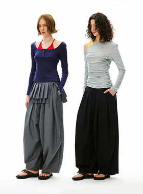 SHALL NOT UNTRUE 拼接百褶裙摆屁帘西装裤女垂感阔腿宽松灯笼裤