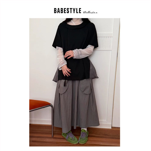 BABESTYLE |“名古屋” YAN 日式复古文艺纱纱撞色裙角拼接短袖T