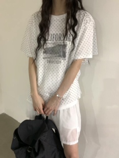 BABESTYLE|umbriel 首尔复古印花波点双层纱设计百搭短袖宽松T