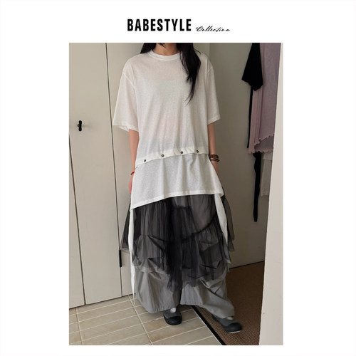 BABESTYLE |“碎片” YAN 日式简约百搭排排扣不规则飘带短袖T