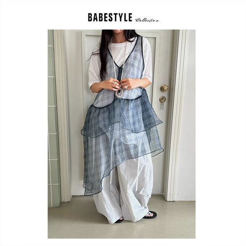 BABESTYLE |“美人鱼” YAN 日式文艺格纹不规则叠穿纱纱背心裙
