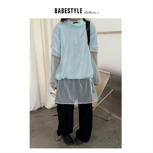 BABESTYLE |“奶油马卡龙”首尔轻机能风抽绳高领宽松叠穿罩衫
