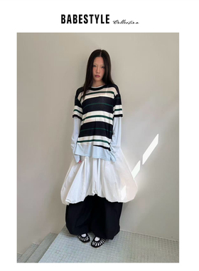 BABESTYLE |“慵懒舒适” YAN 日式天丝条纹假两件拼接宽松针织衫