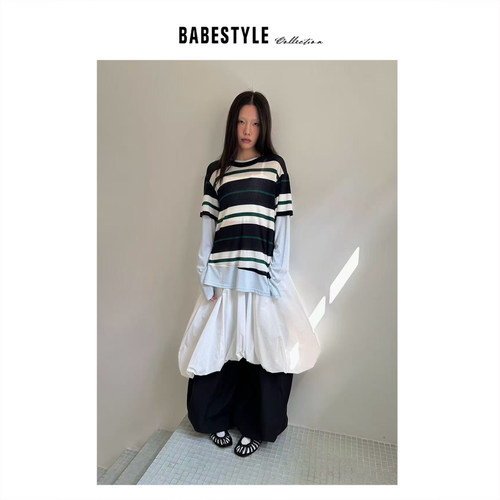 BABESTYLE |“慵懒舒适” YAN 日式天丝条纹假两件拼接宽松针织衫