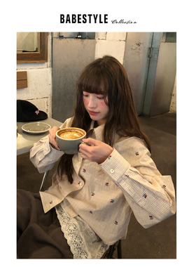 BABESTYLE |“樱桃布丁”日系复古文艺彩色细格纹刺绣花短款衬衫