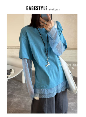 BABESTYLE |“懒人叠穿感”双下摆拼接纱袖假两件设计宽松休闲T