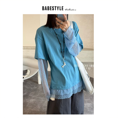 BABESTYLE |“懒人叠穿感”双下摆拼接纱袖假两件设计宽松休闲T