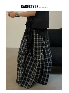 [Babestyle]高级松弛感~首尔复古格纹舒服慵懒灯笼廓形设计休闲裤