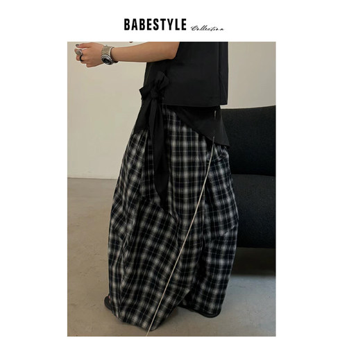 [Babestyle]高级松弛感~首尔复古格纹舒服慵懒灯笼廓形设计休闲裤