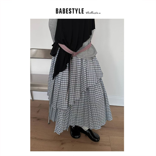 BABESTYLE |“错位美学”YAN 日式复古细格纹不规则双层百褶裙