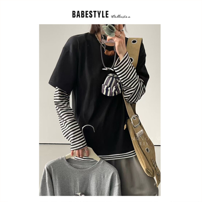 BABESTYLE |“Q版毛线帽”韩风简约少年感条纹拼接假两件设计T