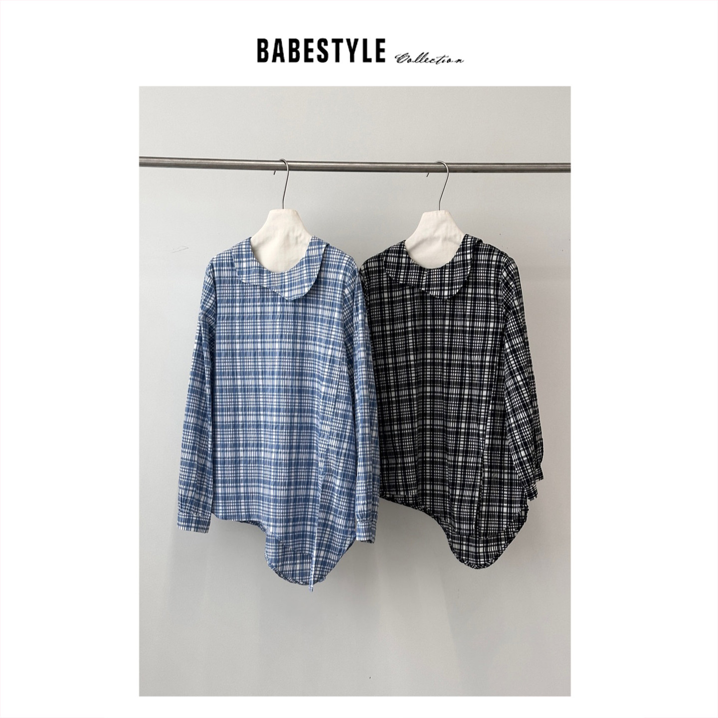BABESTYLE |“邻家女孩 ”日式复古文艺格纹弧形娃娃领宽松衬衫