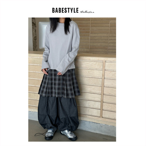 BABESTYLE |“懒人混搭”韩风复古格纹小裙拼接设计感长款T裙