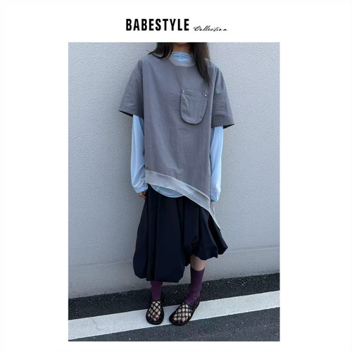 BABESTYLE |“阅读者” YAN 日式文艺少年感斜摆拼纱口袋短袖T