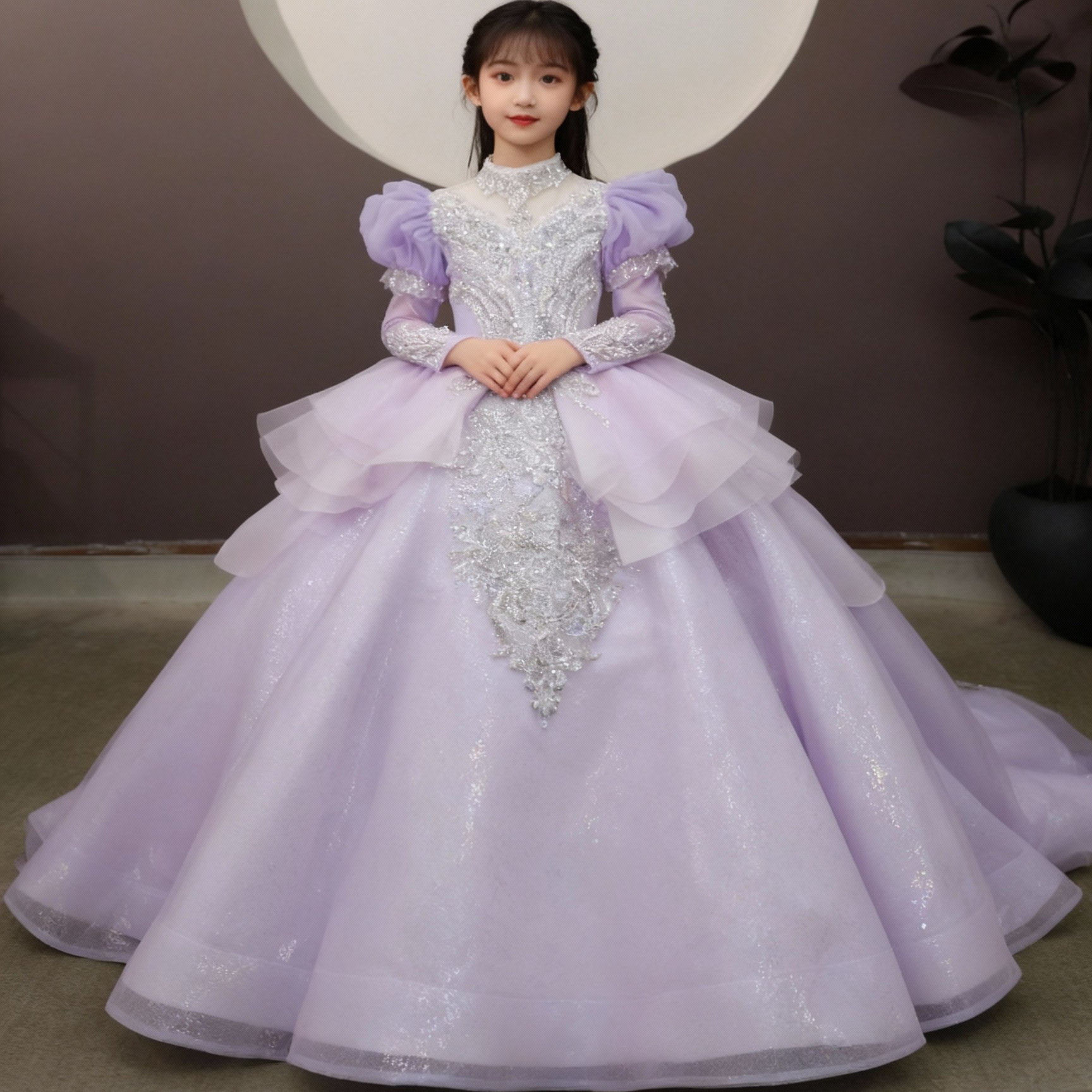 长袖女童紫色泡泡袖公主裙女童演出服走秀礼服钢琴演出礼服拖尾款,童装/婴儿装/亲子装,儿童礼服,淘宝优惠券,粉丝福利购,淘宝优惠卷