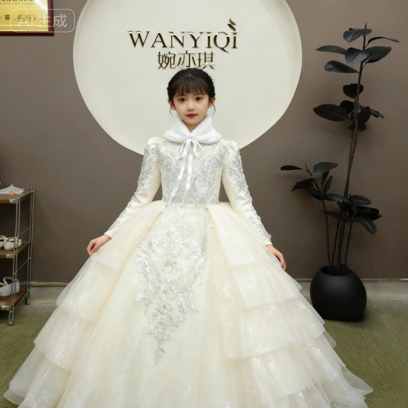 冬季长袖女童香槟色公主裙礼服