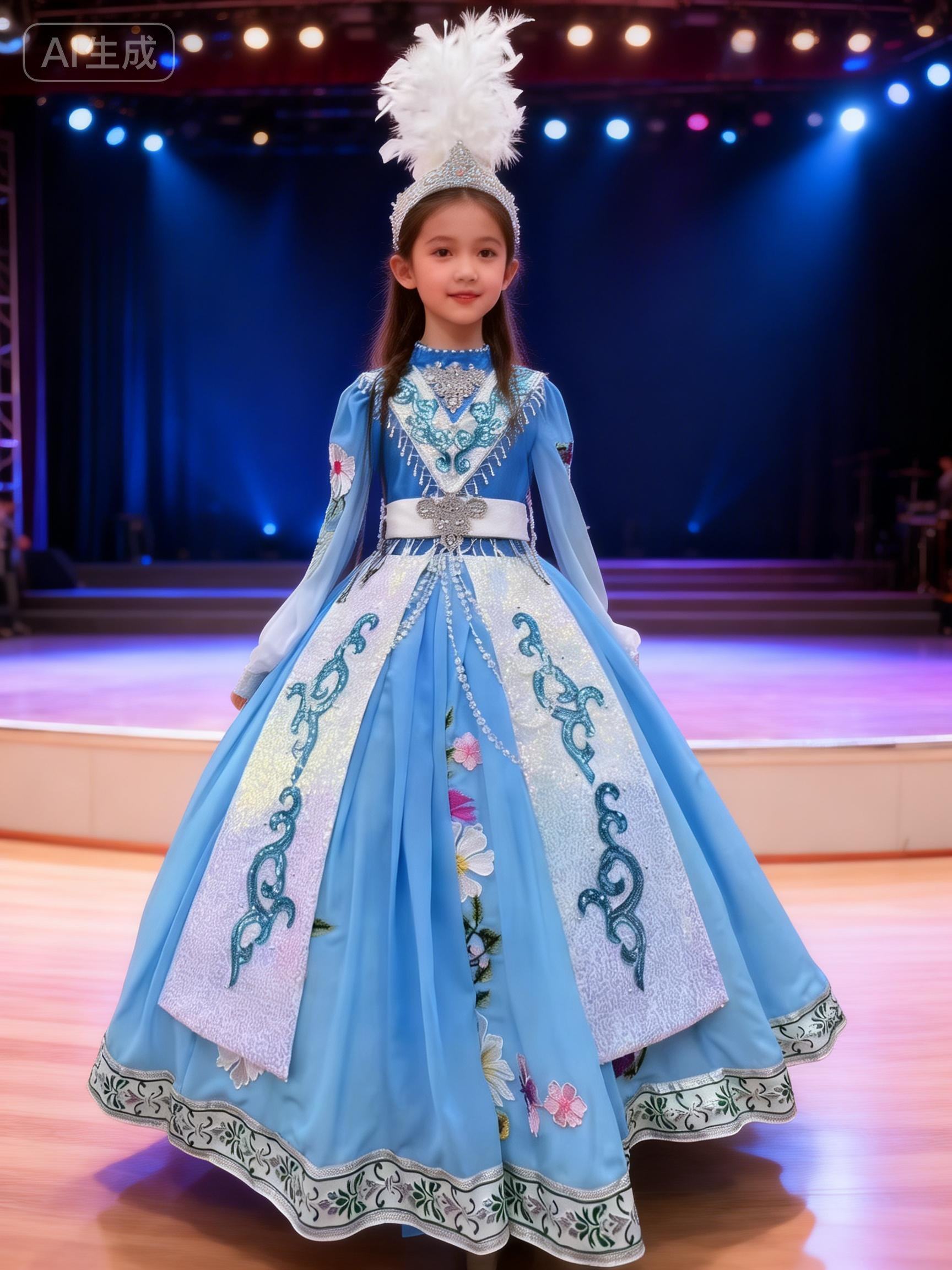 定制东乡族演出服女童礼服回族新疆哈萨克民族风演出服配送头饰 - 实物图