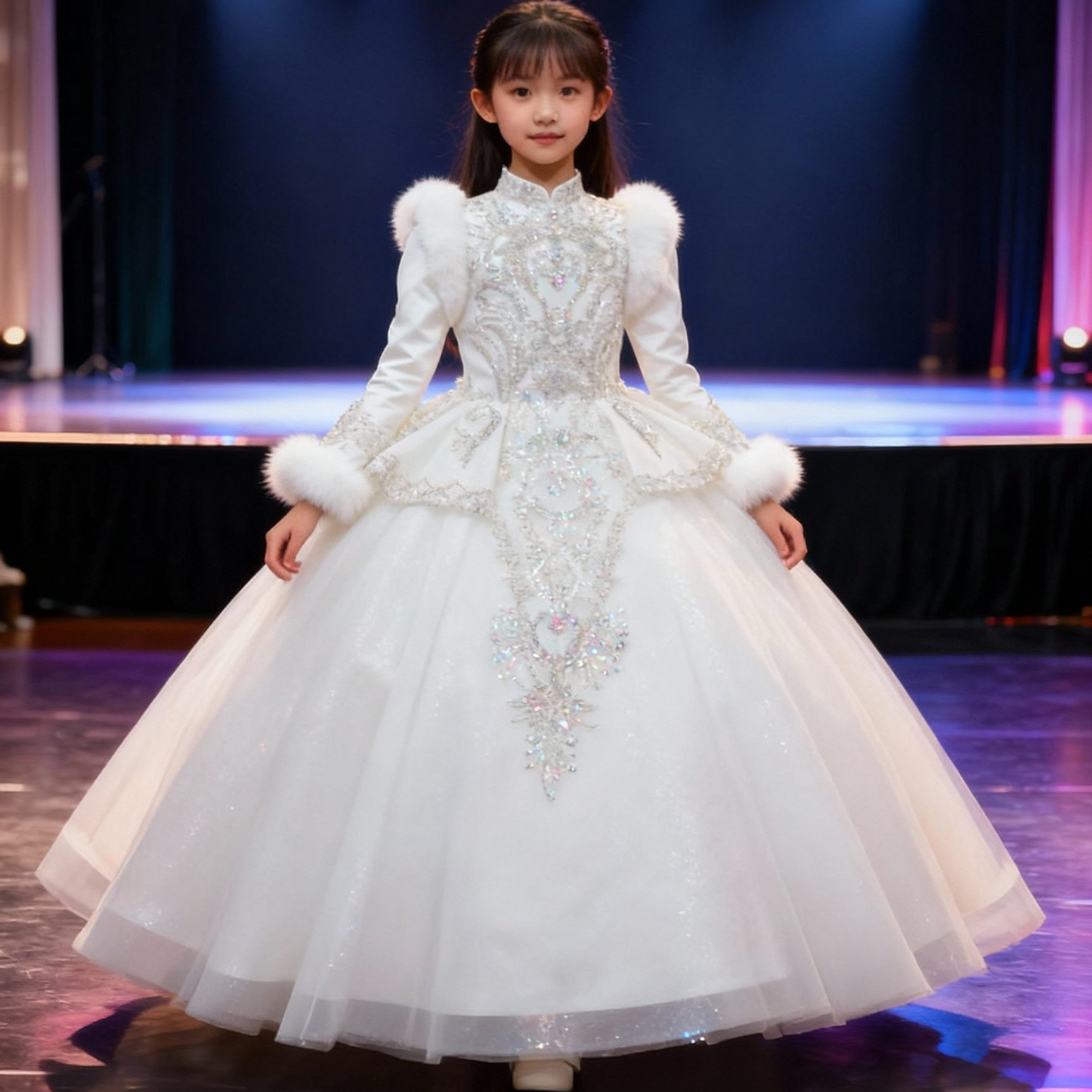 冬季白色长袖儿童礼服女童公主裙