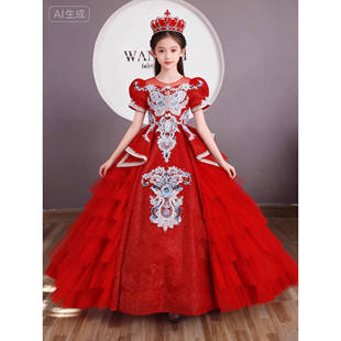 定制婉亦琪中国风红色国潮走秀礼服春晚新中式女童主持演出服高定