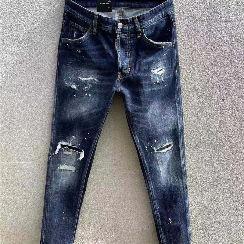 2026冬季新款四季D2破洞补丁泼墨抓痕牛仔裤男士水洗痞帅小脚修身