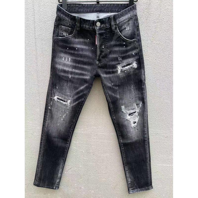 2025春夏季水洗纽扣102抓痕D2小脚牛仔裤DSQ微弹力休闲潮流黑色男