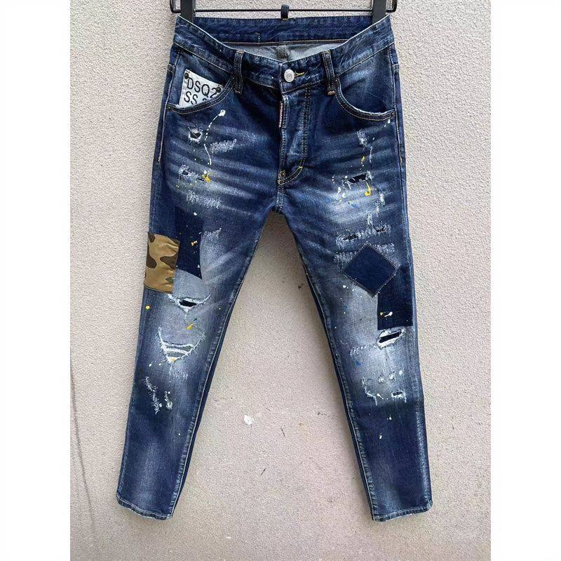 DSQ100四季款D2潮男水洗磨破补丁百搭春夏修身小脚蓝色牛仔裤个性