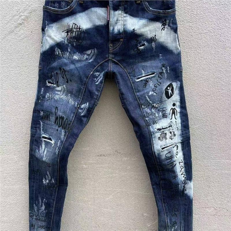 现货个性痞帅DSQ欧美潮流破洞补丁修身印花三个小人d2泼墨牛仔裤