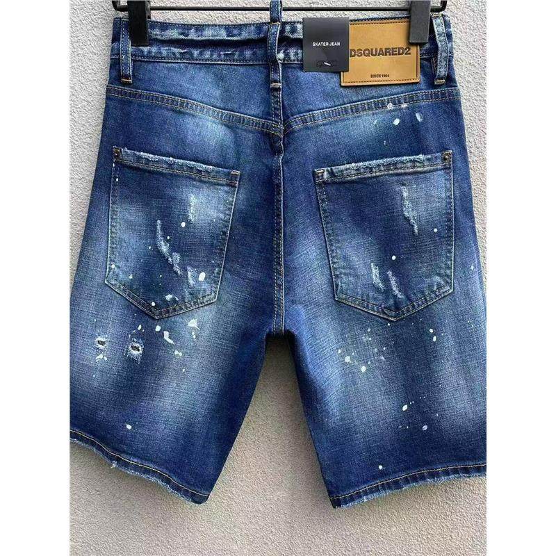 2025春夏新款D2潮男水洗磨破洞补丁油漆修身蓝色牛仔短裤男五分裤