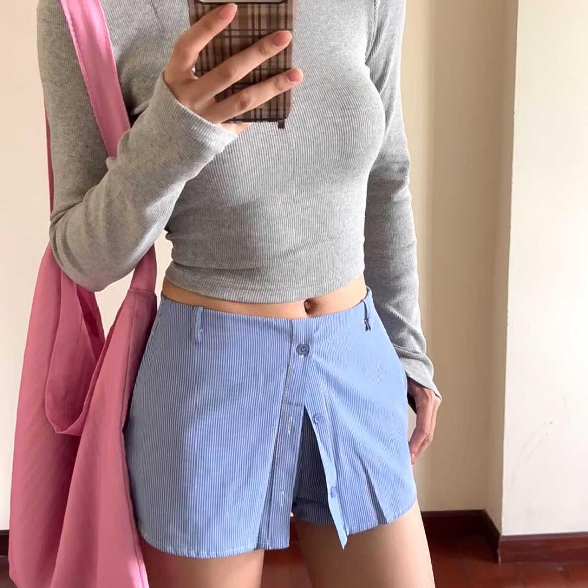 条纹下摆开叉防走光衬衫短裙百搭