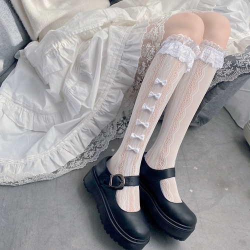Белые кружевные носки, японские милые гольфы, рыболовная сеть с бантиком, стиль Лолита, средней длины