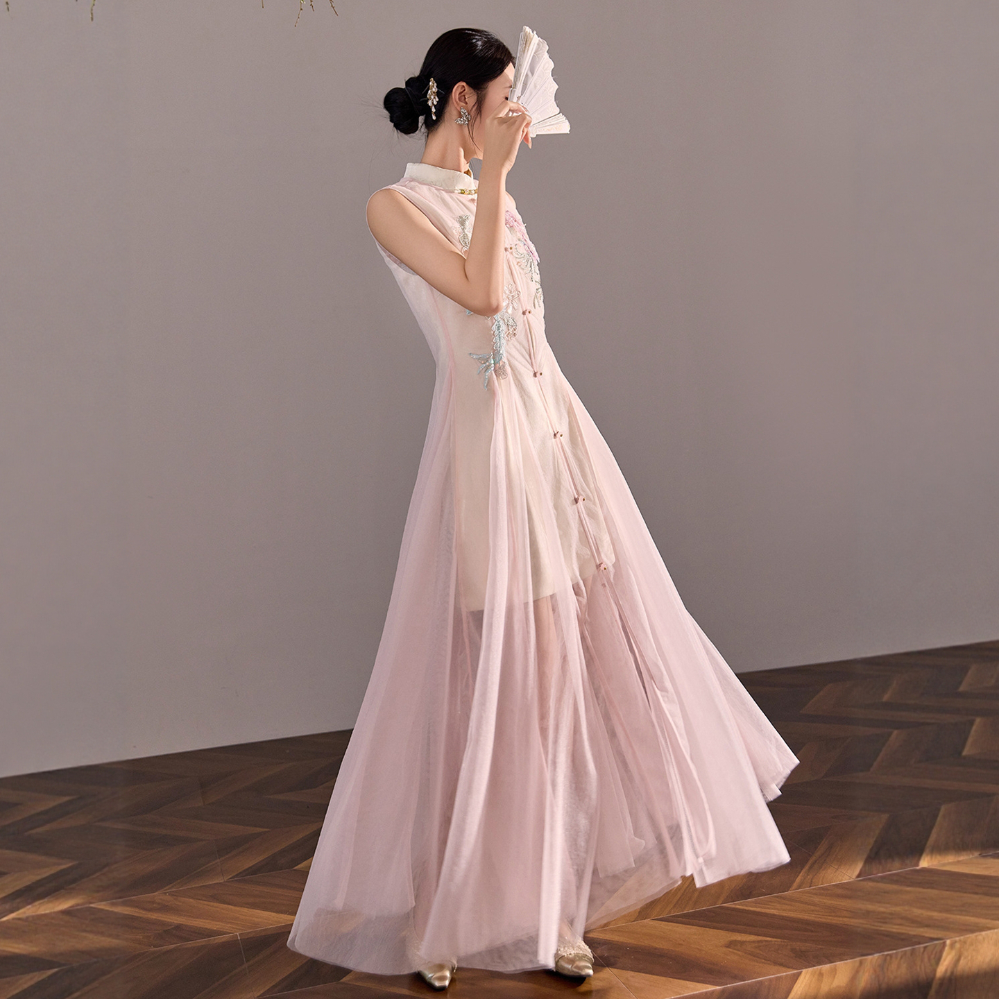 【胭脂玉露】新中式国风改良旗袍短裙+刺绣网纱长裙罩衫2件套装裙