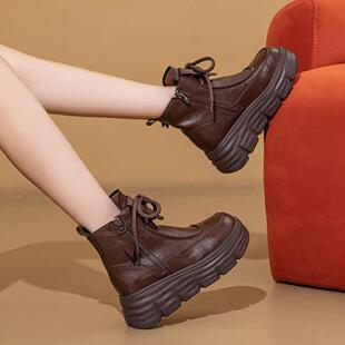 雨土秋冬新款覆古厚底真皮马丁靴系带轻便牛皮短靴子手工百搭女鞋
