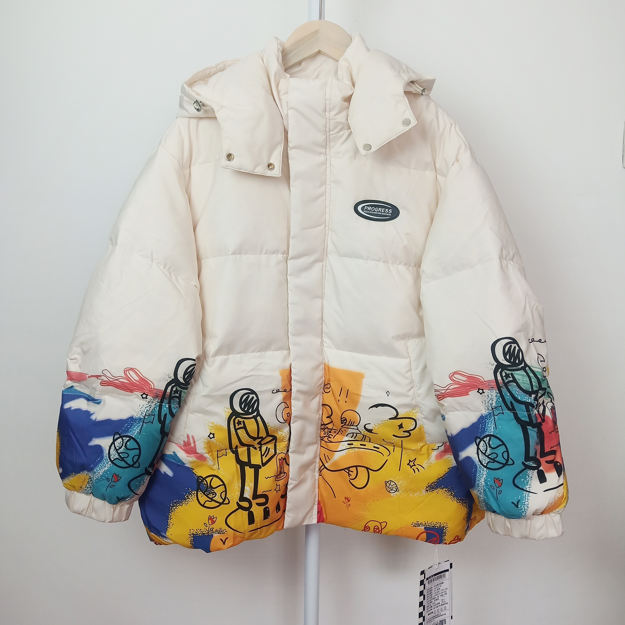 150码炸街潮牌青少年涂鸦水印美式连帽可拆卸羽绒服