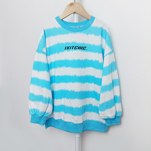青少年男童潮牌卫衣ix* 蓝白条纹晕染扎染薄款长袖男童卫衣初中生