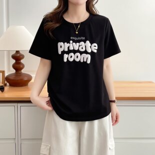 宽松显瘦英文字母印花圆领洋气短袖 夏季 T恤上衣200斤 女装 胖mm大码