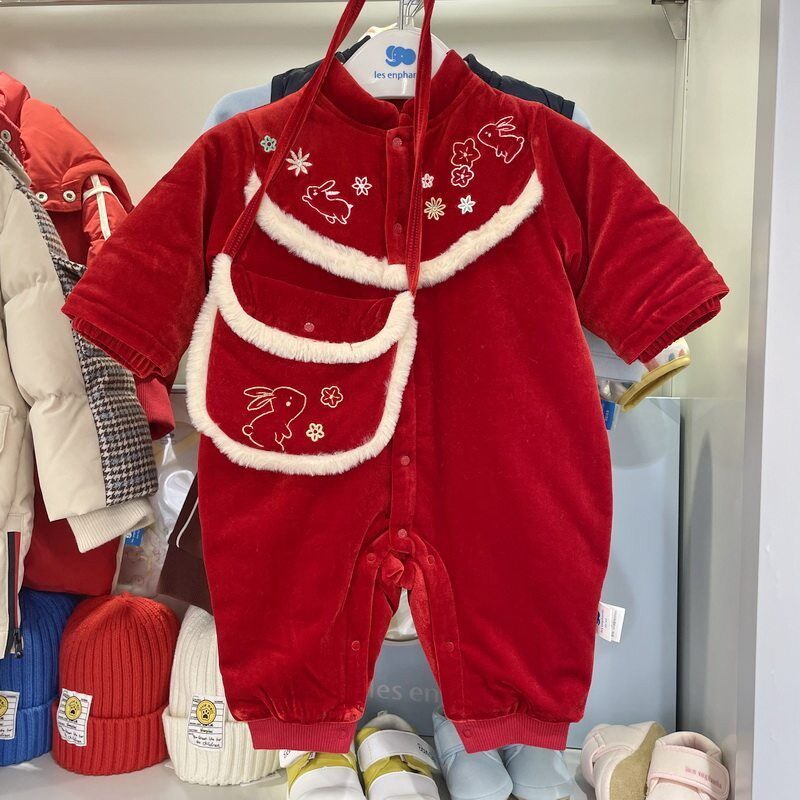 丽婴房专柜款冬装过年服大红色婴儿连体衣女宝拜年夹棉唐装爬服
