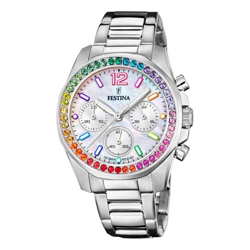 代购FESTINA女士腕表计时夜光日期测速钢带防水金属镶钻日常送礼