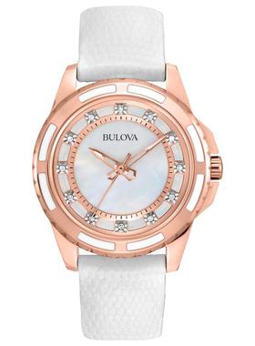 代购BULOVA宝路华女士腕表夜光日期计时防刮皮带钢壳防水白色